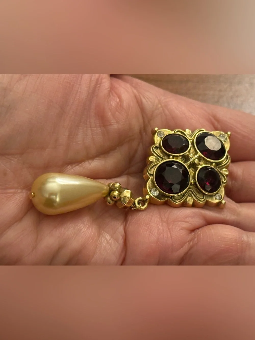 Vintage 1928 Red Cabochons with Pearl Drop Pin Brooch